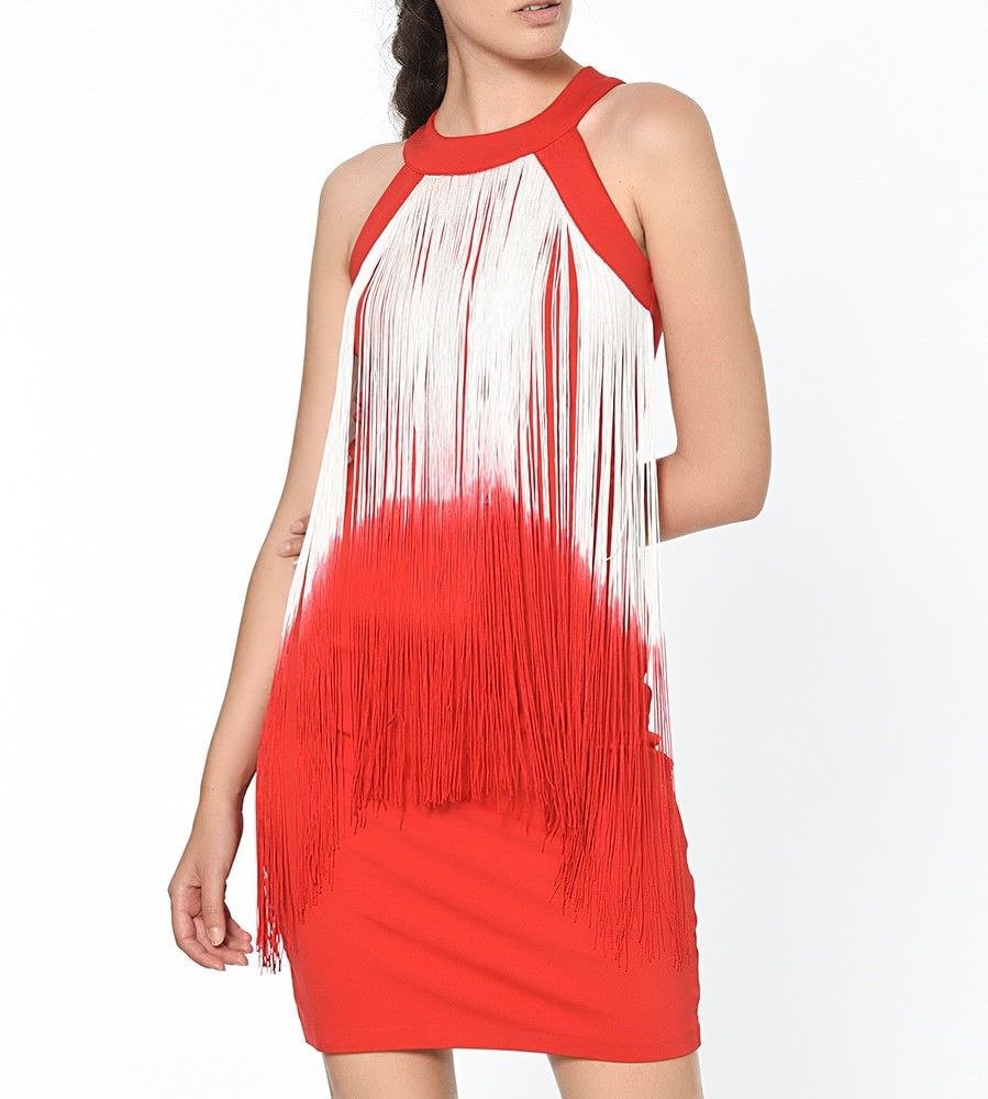 Kırmızı Sırtı Fermuarlı Kolsuz Renkli Sacaklı Dalgic Elbise | Elb13998