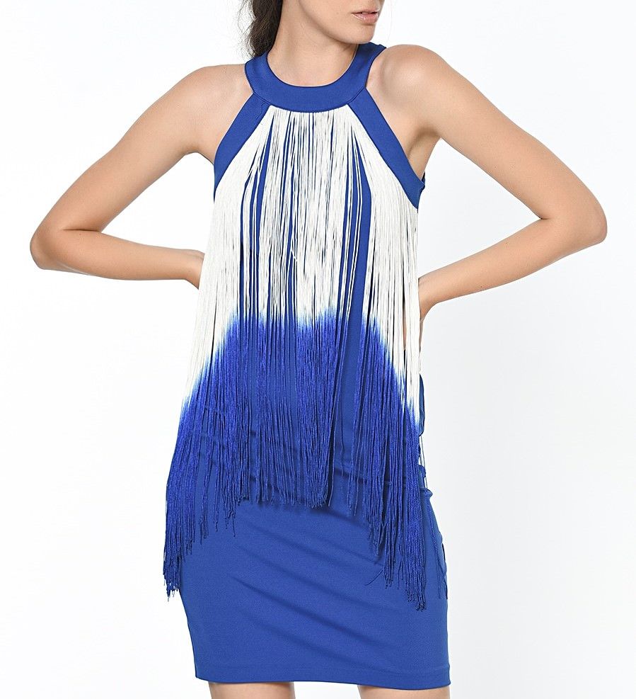 Saks Sırtı Fermuarlı Kolsuz Renkli Sacaklı Dalgic Elbise | Elb13998