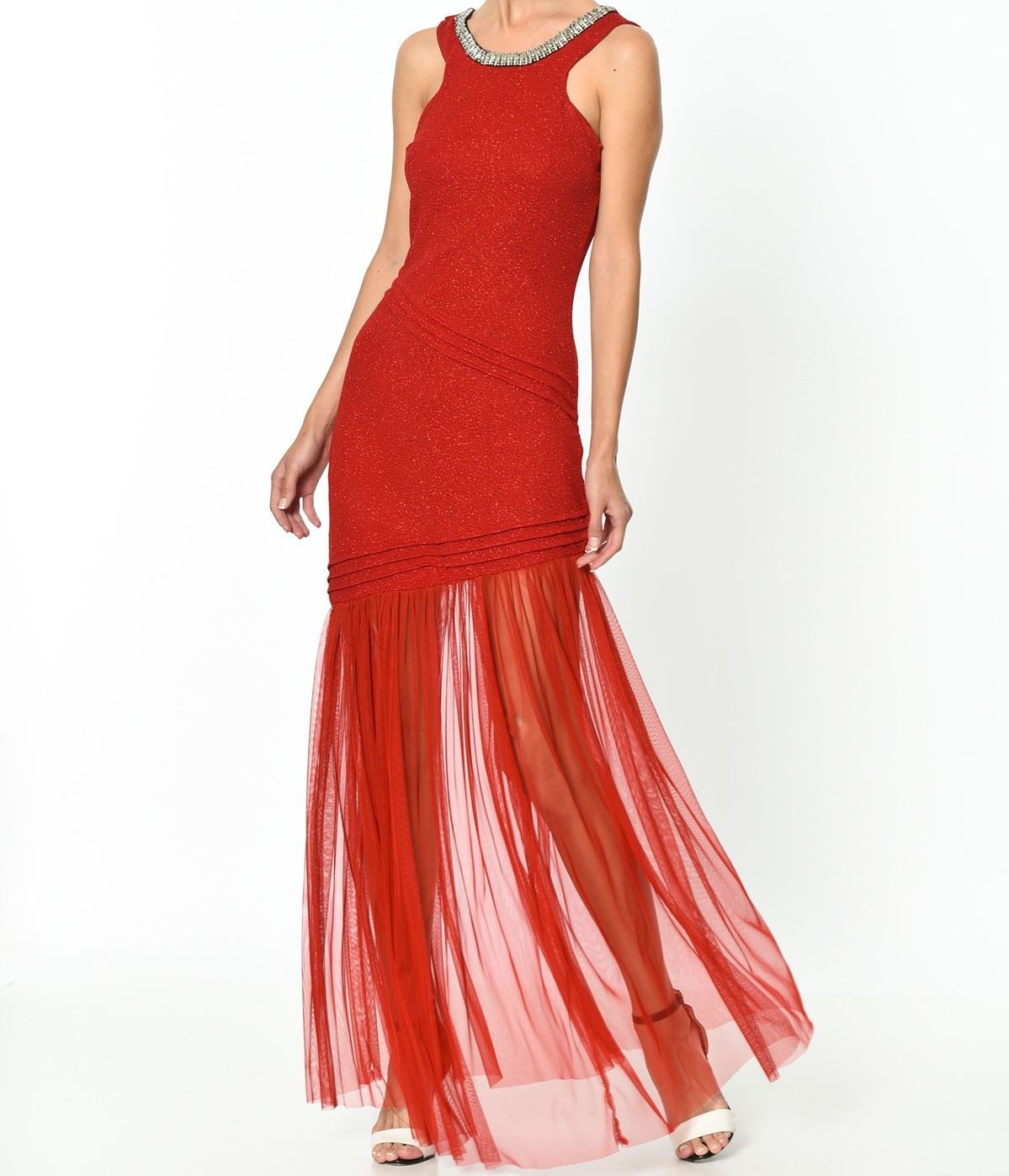 Kırmızı Tül Detayli Abiye  Elbise | Elb14633