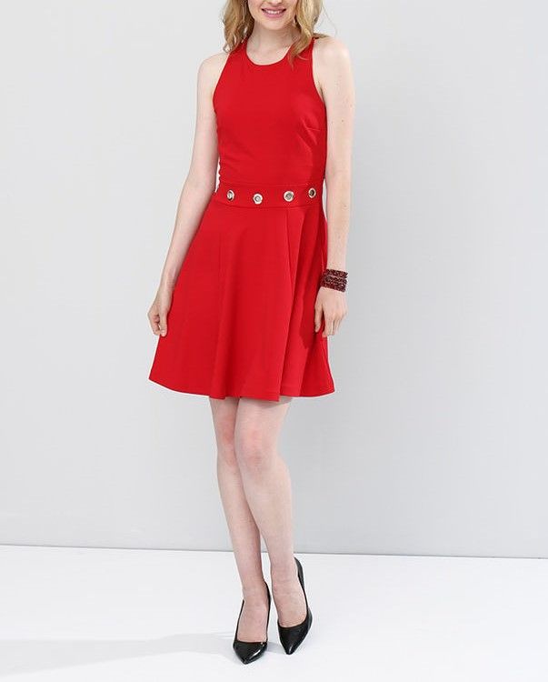 Kırmızı Kus Gozu Detayli Elbise | Elb14543