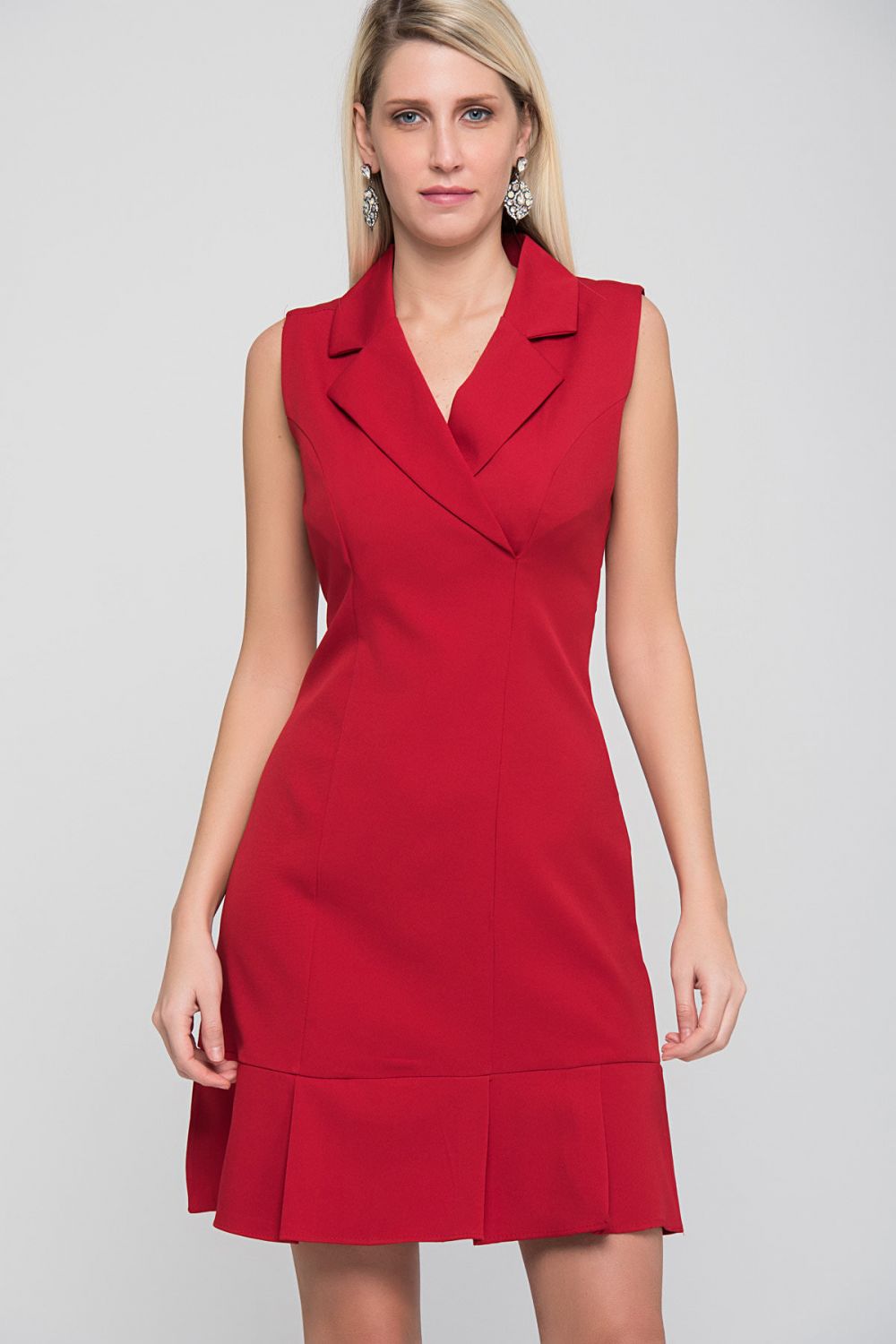 Kırmızı Dugmesiz Kolsuz Etek Ucu Fırfırlı Krep Elbise | Elb31065