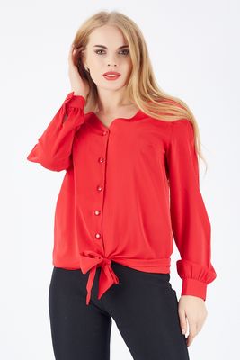  Sense Kırmızı Eteği Kuşaklı Manşetli Önü Düğmeli Bluz BLZ33003