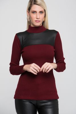 Sense Bordo Uzun Kollu Balıkcı Yaka Derı Garnılı 2X2 Rıbana Bluz | Blz14352