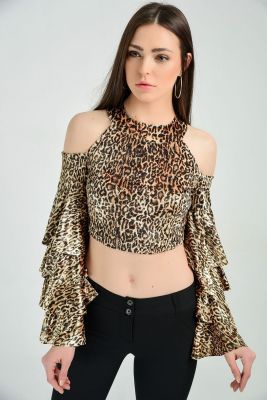  Leopar Desenli Kol Volan Leopar Desen Simli Bluz | Blz31851