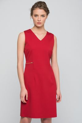  Kırmızı Sırtı Fermuarlı .Önü Süs Fermuarlı Cepli -Krep Elbise | Elb14141
