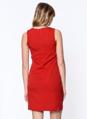  Kırmızı Sırtı Fermuarlı .Önü Süs Fermuarlı Cepli -Krep Elbise | Elb14141