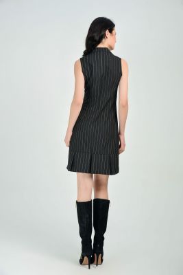  Siyah Geniş Çizgili Kolsuz  Düğmeli Etek Pileli Elbise | Elb31673