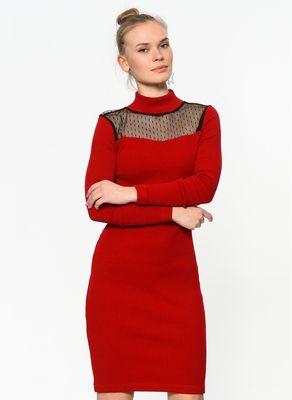  Kırmızı Uzun Kollu Tül Detayli Elbise | Elb31026