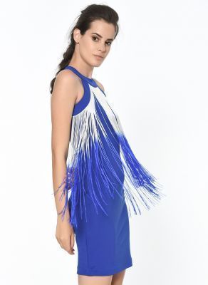  Saks Sırtı Fermuarlı Kolsuz Renkli Sacaklı Dalgic Elbise | Elb13998
