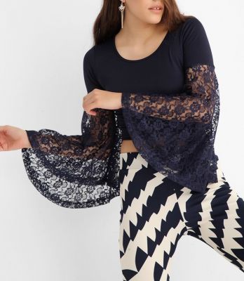  Lacıvert Kollari Dantel Kisa Bluz | Blz13713