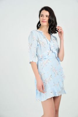  Çicekli Elbise - Mavı Elbise - Ön Ve Yaka Fırfırlı Kollu Önü Bağcıklı Elbise | Elb31460