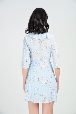  Çicekli Elbise - Mavı Elbise - Ön Ve Yaka Fırfırlı Kollu Önü Bağcıklı Elbise | Elb31460