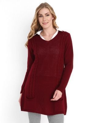  Bordo Sac Orgulu V Yaka Cepli Triko Tunik | Trk18297