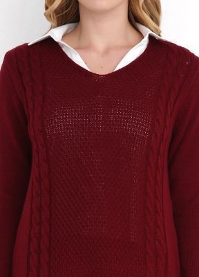  Bordo Sac Orgulu V Yaka Cepli Triko Tunik | Trk18297