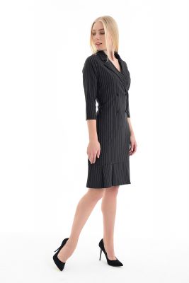  Siyah  Elbise -Uzun  Kollu Çizgili Etek Pileli Elbise | Elb31682