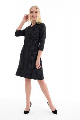  Siyah  Elbise -Uzun  Kollu Çizgili Etek Pileli Elbise | Elb31682