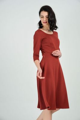  Kıremıt Uzun Kol Belden Eklli Yaka Biye Elbise | Elb31495