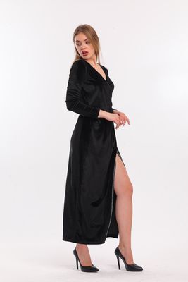  Sense Siyah Kruvaze Uzun Kol Kadife Uzun Abiye Elbise | Elb33852