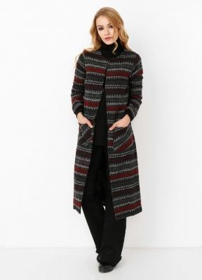  Sense Kırmızı Kilim Desen Önü Agraflı Uzun Kaban | Hrk13645