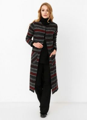 Sense Kırmızı Kilim Desen Önü Agraflı Uzun Kaban | Hrk13645
