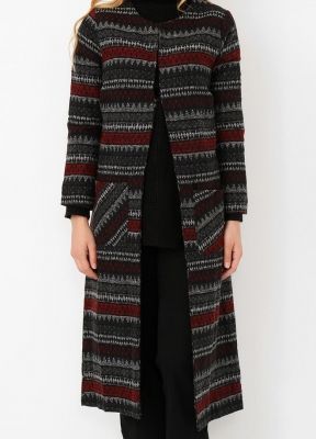  Sense Kırmızı Kilim Desen Önü Agraflı Uzun Kaban | Hrk13645