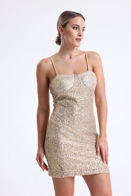  Sense Gold Arkası Fermuarli Askılı  Gloplu  Payet Elbise | Elb35062