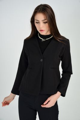  Siyah Ceket - Yakasız Flato Cep Astarı Dantel Ceket | Ckt31897