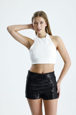  Sense Siyah Esnek Bel Astarlı pul Payet Abiye Şort | ŞRT36032