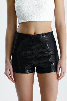  Sense Siyah Esnek Bel Astarlı pul Payet Abiye Şort | ŞRT36032