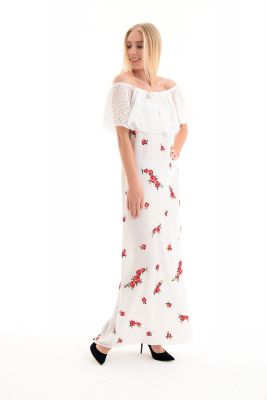  Çicekli Elbise - Beyaz Elbise - Robası Dantelli Eteği Sulu Uzun Elbise | Elb31504