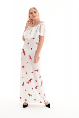 Çicekli Elbise - Beyaz Elbise - Robası Dantelli Eteği Sulu Uzun Elbise | Elb31504