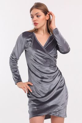  Sense Grı Kruvaze Uzun Kol Kadife Mini Elbise | Elb33850