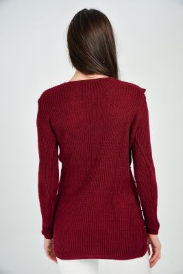  Bordo V Yaka Kolu Yirtik Triko Kazak  | Kzk18223