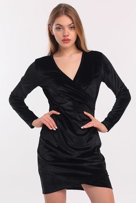  Sense Siyah Kruvaze Uzun Kol Kadife Mini Elbise | Elb33850