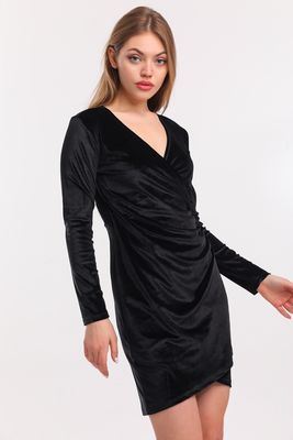  Sense Siyah Kruvaze Uzun Kol Kadife Mini Elbise | Elb33850