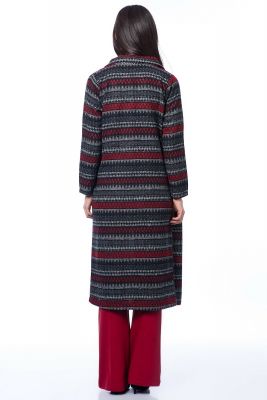  Kırmızı Kilim Desen Polo Yaka Uzun Kaban | Hrk13693