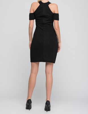 Davet Elbisesi Siyah Mini Kollu Önü Halkali Simli Elbise | Elb14688