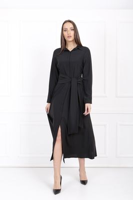  Sense Siyah Beli Kuşaklı Düğmeli Jesika Uzun Elbise | Elb33350