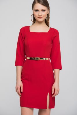  Sense Kırmızı Kare Yaka Truvakar Kol Gizli Fermuarlı Krep Elbise | Elb14170