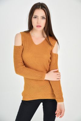  Sense Safran V Yaka Kolu Yirtik Triko Kazak  | Kzk18223