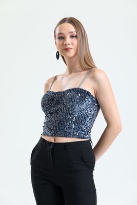  Sense Koyu Gri Fermuarlı Payetli Kadife Bustier | Bus34034