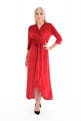  Sense Kırmızı Kruvaze Yaka Eteği Parçalı Kadife Abiye Elbise
