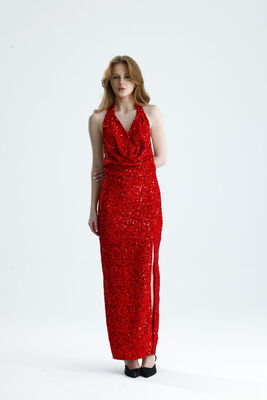  Sense Kırmızı Astarlı Sırtı Açık  Degaje Yaka  Kadife Payet Abiye  Elbise | ELB36670