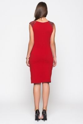  Kırmızı Omuzlar Taşlı Kolsuz Pike Çelik Elbise | Elb13095