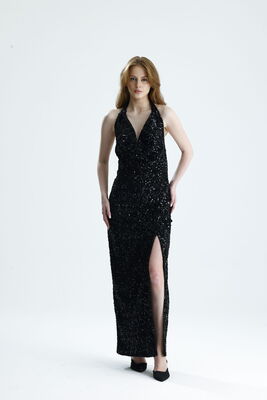  Sense Siyah Astarlı Sırtı Açık  Degaje Yaka  Kadife Payet Abiye  Elbise | ELB36670