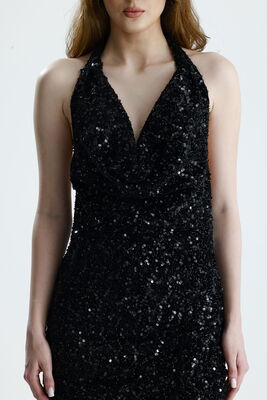  Sense Siyah Astarlı Sırtı Açık  Degaje Yaka  Kadife Payet Abiye  Elbise | ELB36670