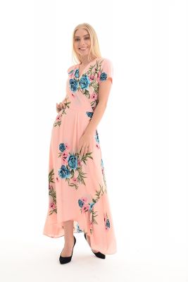  Çicekli Elbise - Pudra Elbise - Önü Açık Beli Kusaklı Çiçekli Elbise | Elb31524