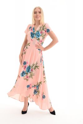  Çicekli Elbise - Pudra Elbise - Önü Açık Beli Kusaklı Çiçekli Elbise | Elb31524