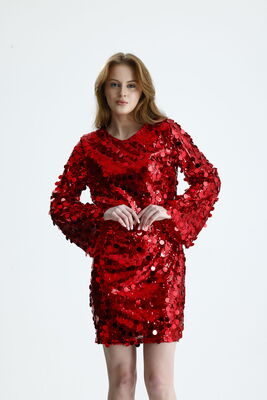  Sense Kırmızı Astarlı Büyük Payetli Payet Abiye Elbise | ELB36673