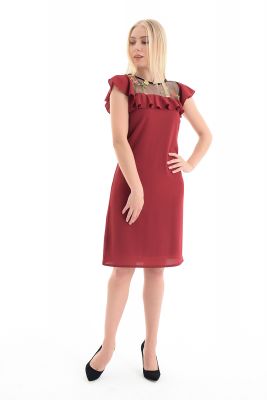  Bordo Elbise - Robalar Çiçekli Tül Fırfırlı Yaka Biye Elbise | Elb31525